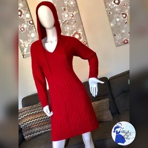 Red Hooded V-Neck Sweater Dress